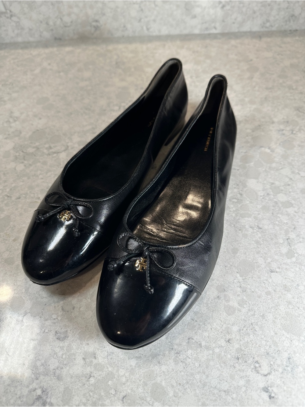 Tory Burch Black Leather Ballet Flats with Bow and Logo